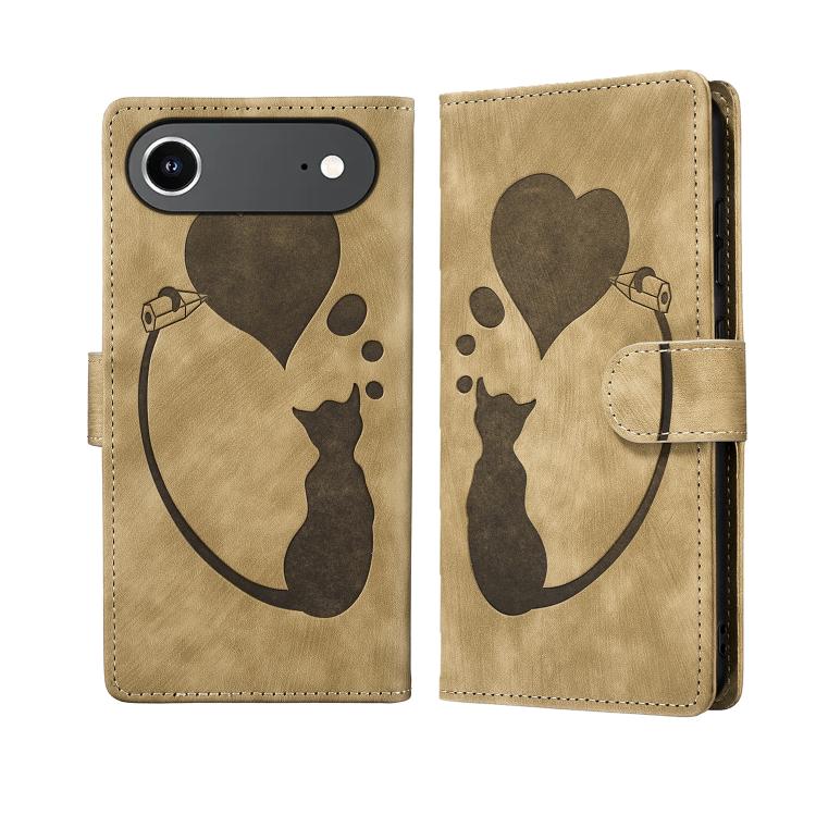 For iPhone Air Pen Heart Cat Embossed Leather Phone Case(Apricot)