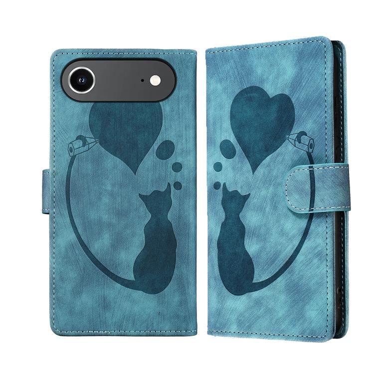For iPhone Air Pen Heart Cat Embossed Leather Phone Case(Blue)