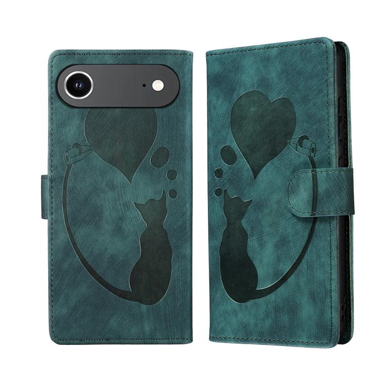For iPhone Air Pen Heart Cat Embossed Leather Phone Case(Green)