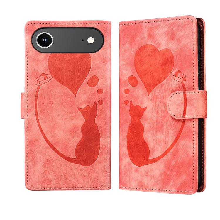 For iPhone Air Pen Heart Cat Embossed Leather Phone Case(Orange)