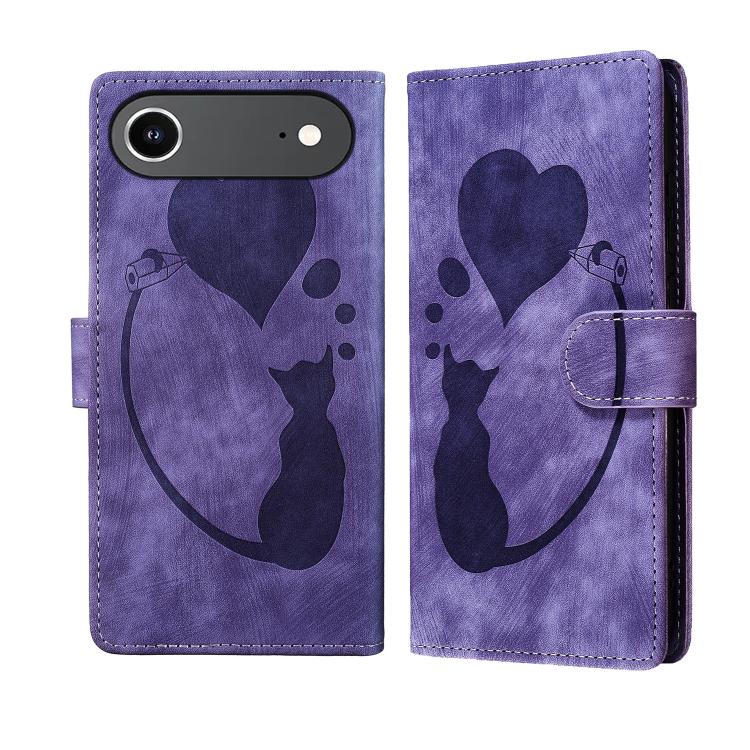 For iPhone Air Pen Heart Cat Embossed Leather Phone Case(Purple)