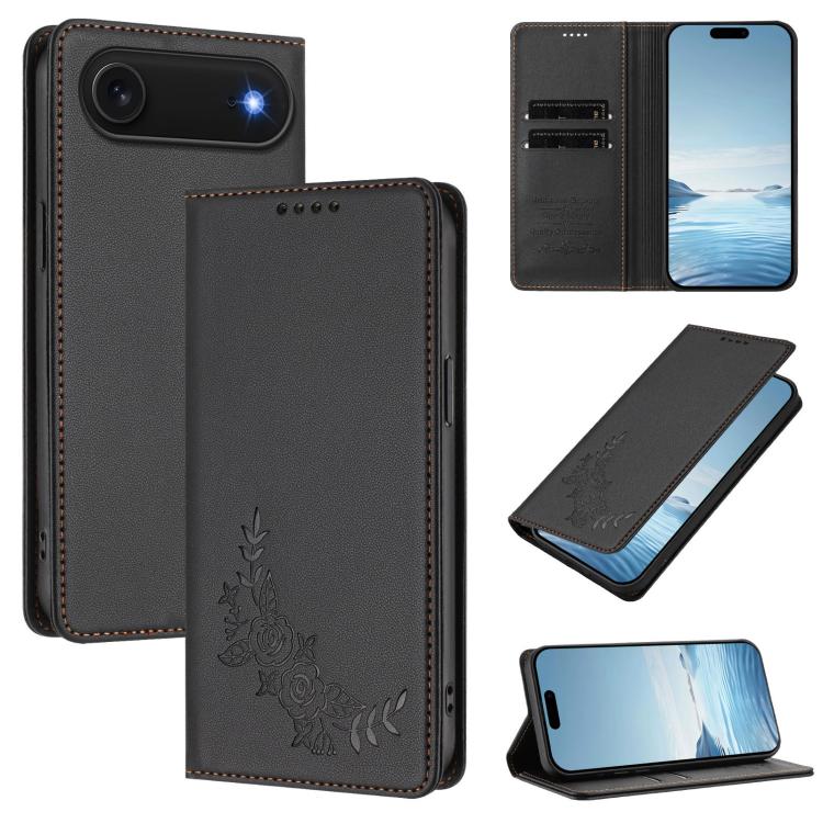 For iPhone Air Peony Embossed Magnetic RFID Vegan Leather Phone Case(Black)