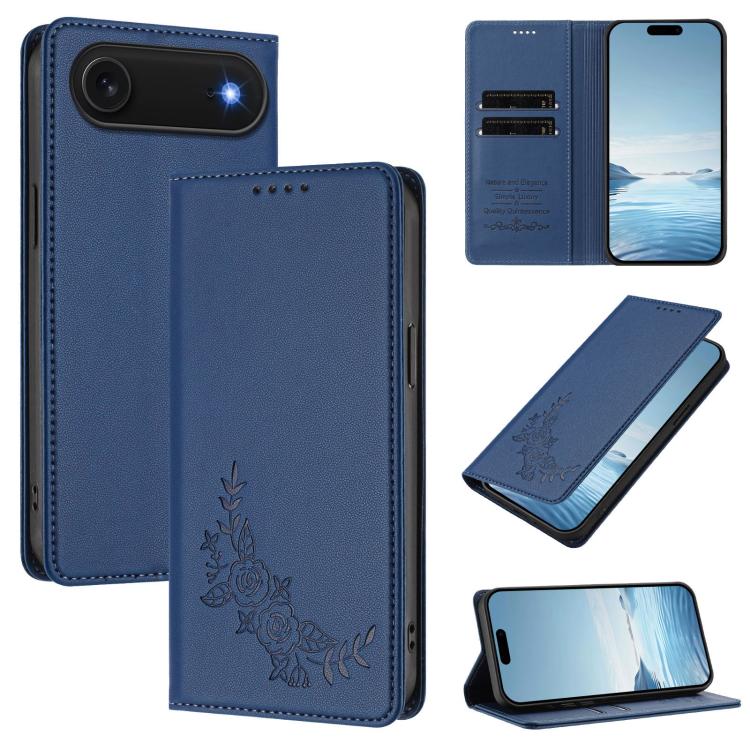For iPhone Air Peony Embossed Magnetic RFID Vegan Leather Phone Case(Dark Blue)