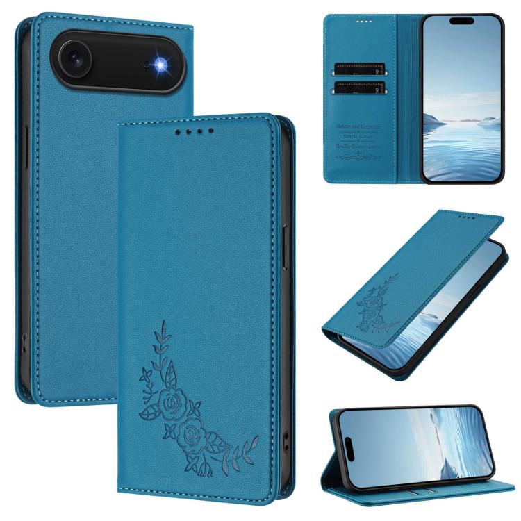 For iPhone Air Peony Embossed Magnetic RFID Vegan Leather Phone Case(Lake Blue)