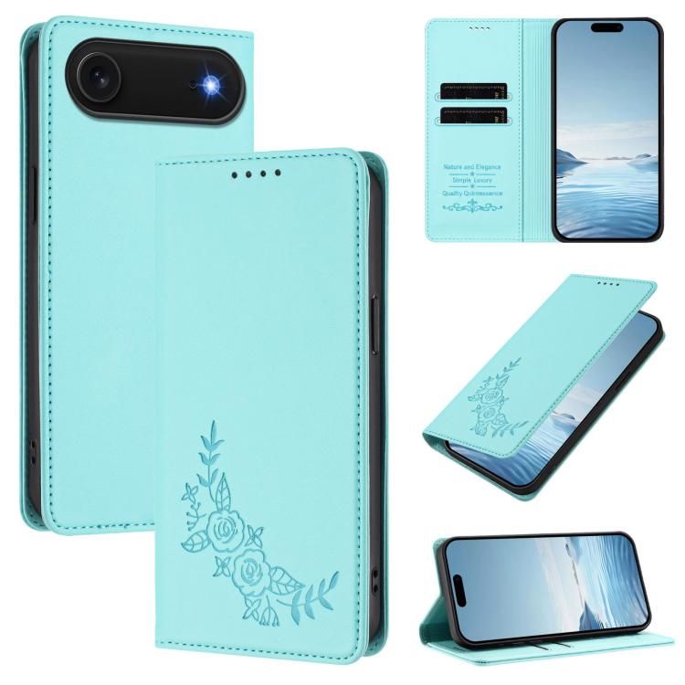 For iPhone Air Peony Embossed Magnetic RFID Vegan Leather Phone Case(Mint Green)