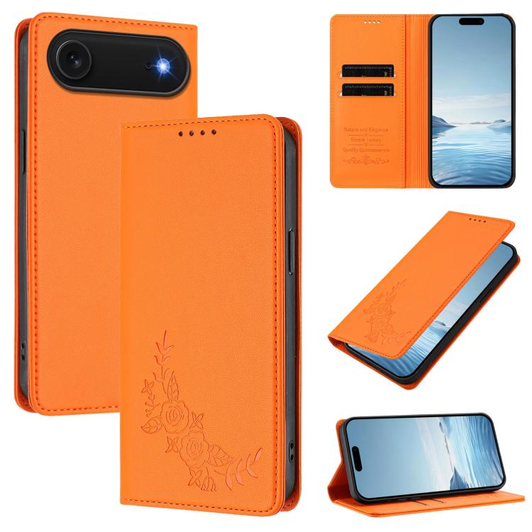For iPhone Air Peony Embossed Magnetic RFID Vegan Leather Phone Case(Orange)