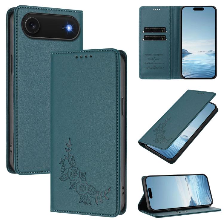 For iPhone Air Peony Embossed Magnetic RFID Vegan Leather Phone Case(Peacock Green)