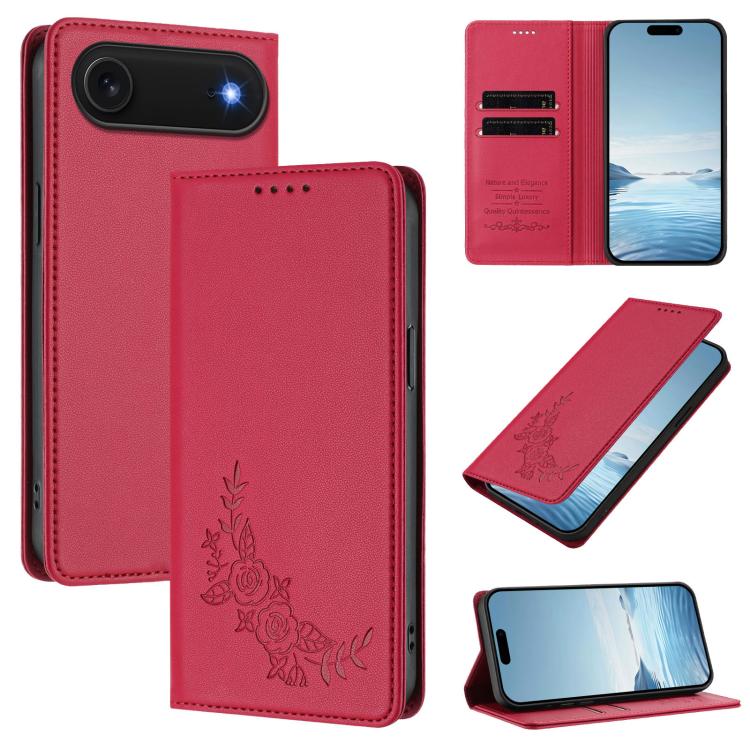For iPhone Air Peony Embossed Magnetic RFID Vegan Leather Phone Case(Red)