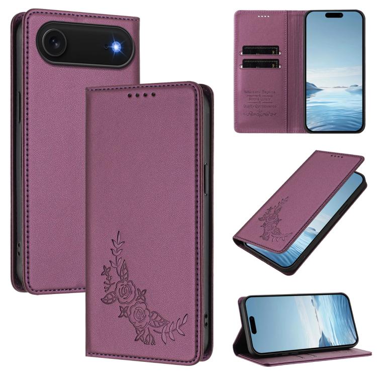 For iPhone Air Peony Embossed Magnetic RFID Vegan Leather Phone Case(Violet Purple)