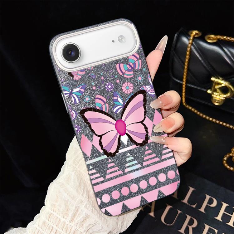 For iPhone Air Pink Butterfly Pattern IMD Glitter PC Hybrid TPU Phone Case(Black)