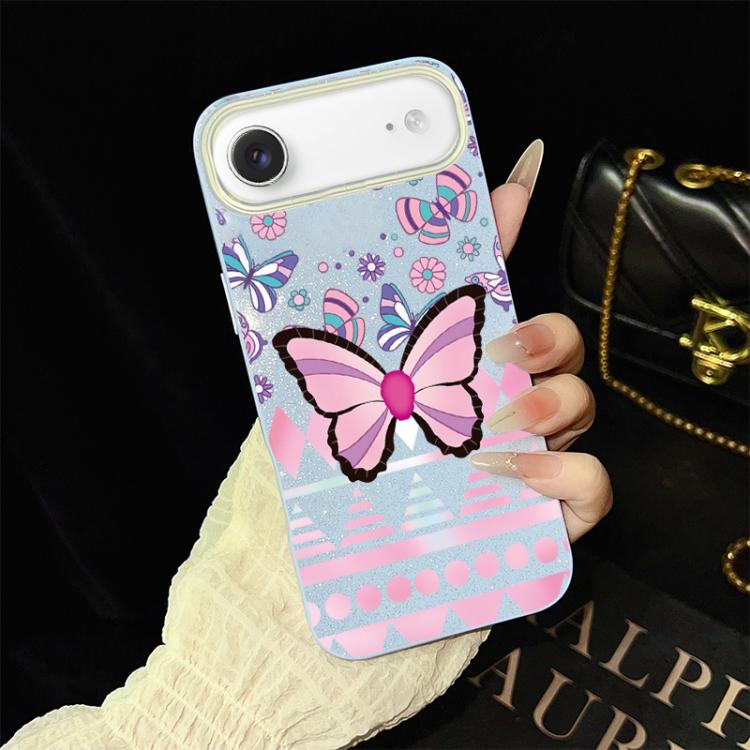 For iPhone Air Pink Butterfly Pattern IMD Glitter PC Hybrid TPU Phone Case(Blue)
