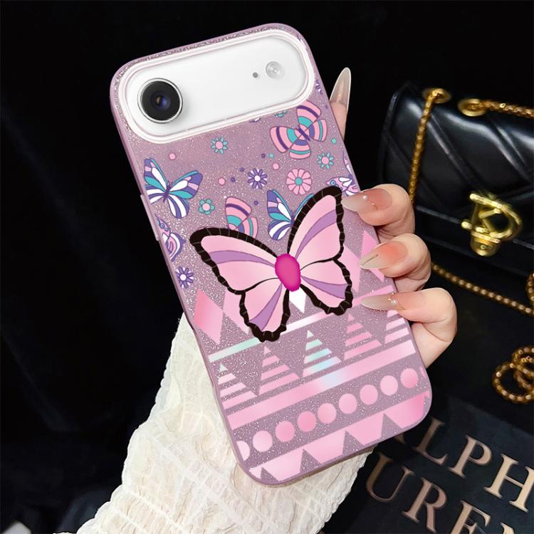 For iPhone Air Pink Butterfly Pattern IMD Glitter PC Hybrid TPU Phone Case(Purple)