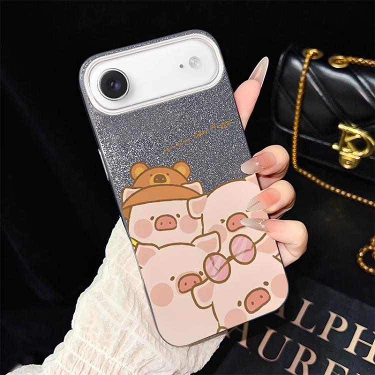 For iPhone Air Pink Pig Pattern IMD Glitter PC Hybrid TPU Phone Case(Black)