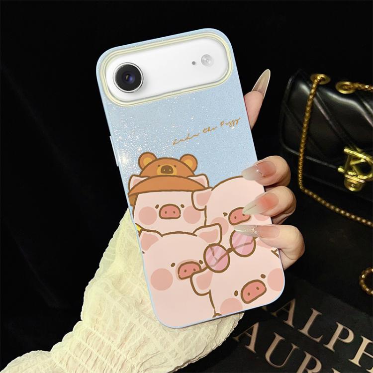 For iPhone Air Pink Pig Pattern IMD Glitter PC Hybrid TPU Phone Case(Blue)