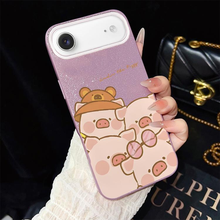 For iPhone Air Pink Pig Pattern IMD Glitter PC Hybrid TPU Phone Case(Purple)