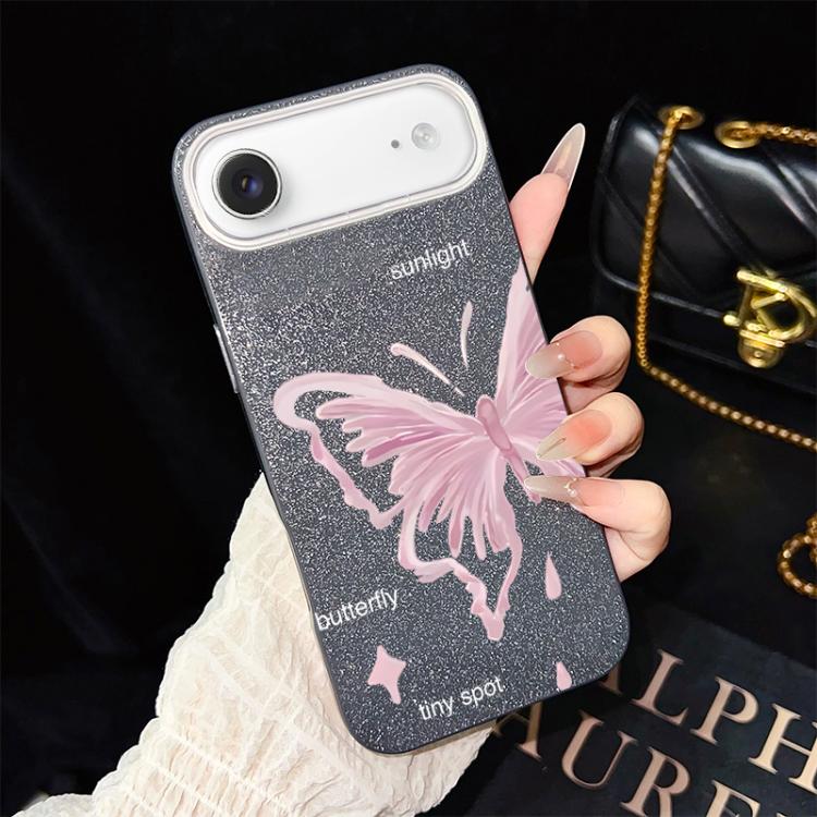 For iPhone Air Pink Stars Butterfly Pattern IMD Glitter PC Hybrid TPU Phone Case(Black)