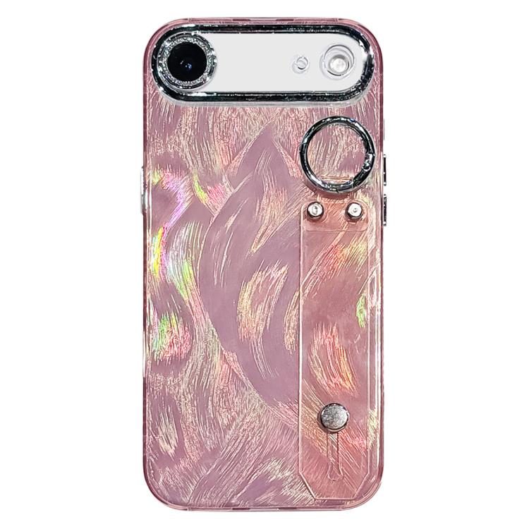 For iPhone Air Plating Feather-Gauze Texture Wristband Holder TPU Phone Case with Lens Film(Pink)