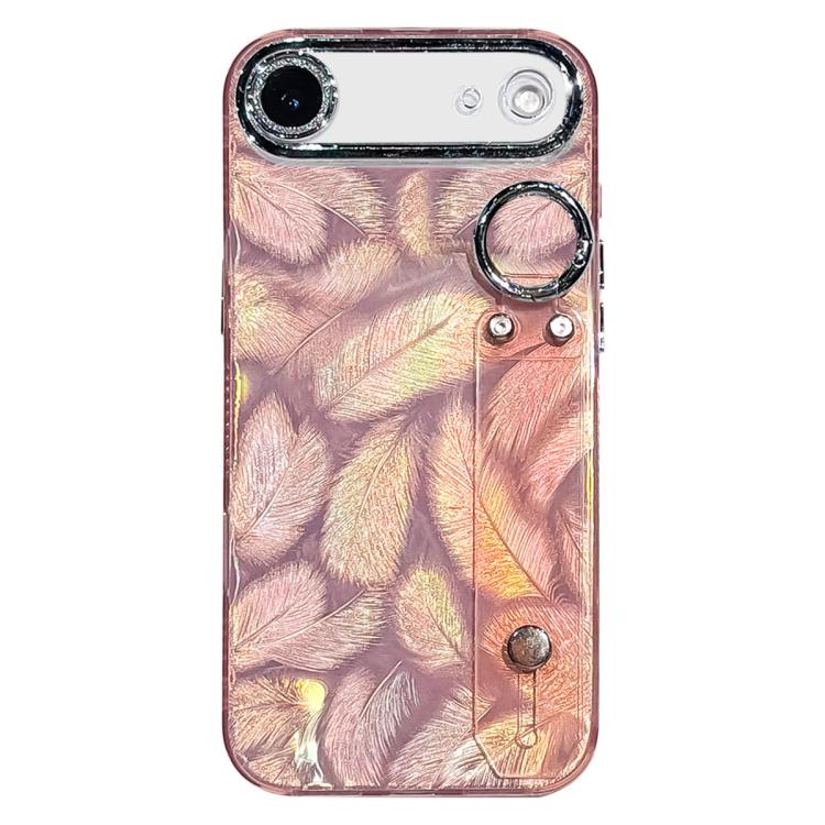 For iPhone Air Plating Feather Texture Wristband Holder TPU Phone Case with Lens Film(Pink)