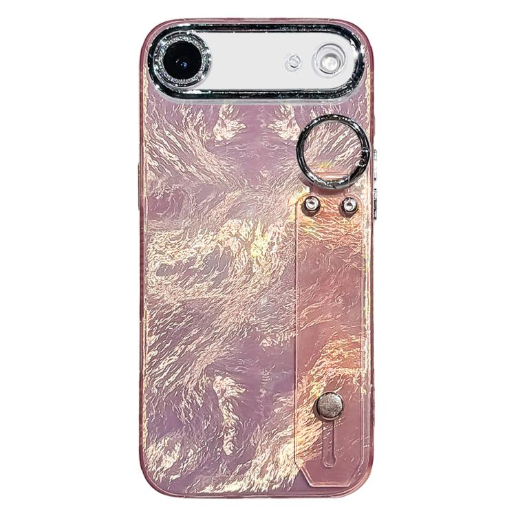 For iPhone Air Plating Foil-like Metallic Texture Wristband Holder TPU Phone Case with Lens Film(Pink)