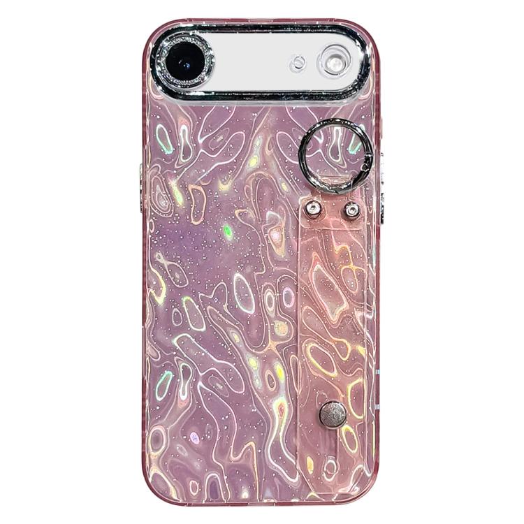 For iPhone Air Plating Wrinkled Texture Wristband Holder TPU Phone Case with Lens Film(Pink)