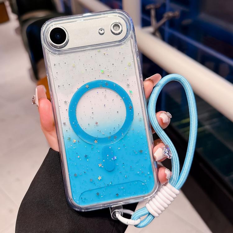 For iPhone Air Precise Hole Shockproof Gradient Epoxy Magnetic Phone Case With Lanyard(Blue)