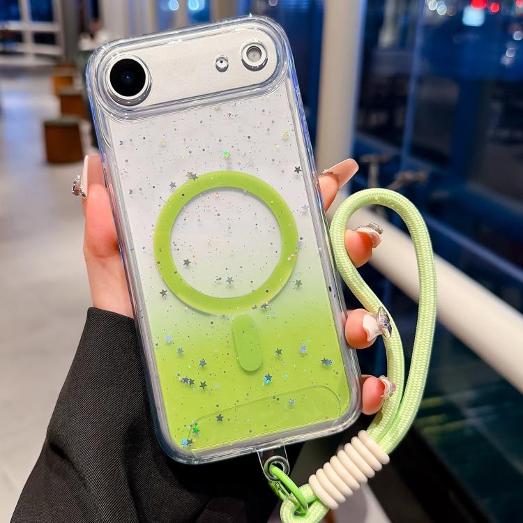 For iPhone Air Precise Hole Shockproof Gradient Epoxy Magnetic Phone Case With Lanyard(Green)