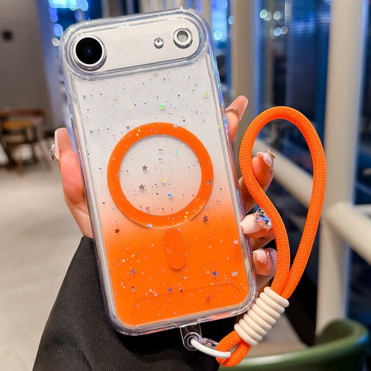 For iPhone Air Precise Hole Shockproof Gradient Epoxy Magnetic Phone Case With Lanyard(Orange)