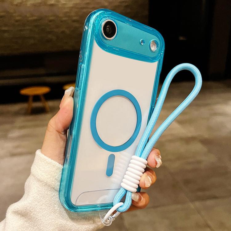 For iPhone Air Precise Hole Shockproof Magnetic TPU Hybrid Acrylic Transparent Phone Case With Lanyard(Blue)