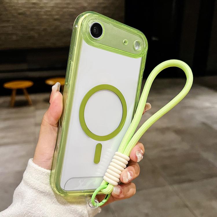 For iPhone Air Precise Hole Shockproof Magnetic TPU Hybrid Acrylic Transparent Phone Case With Lanyard(Green)