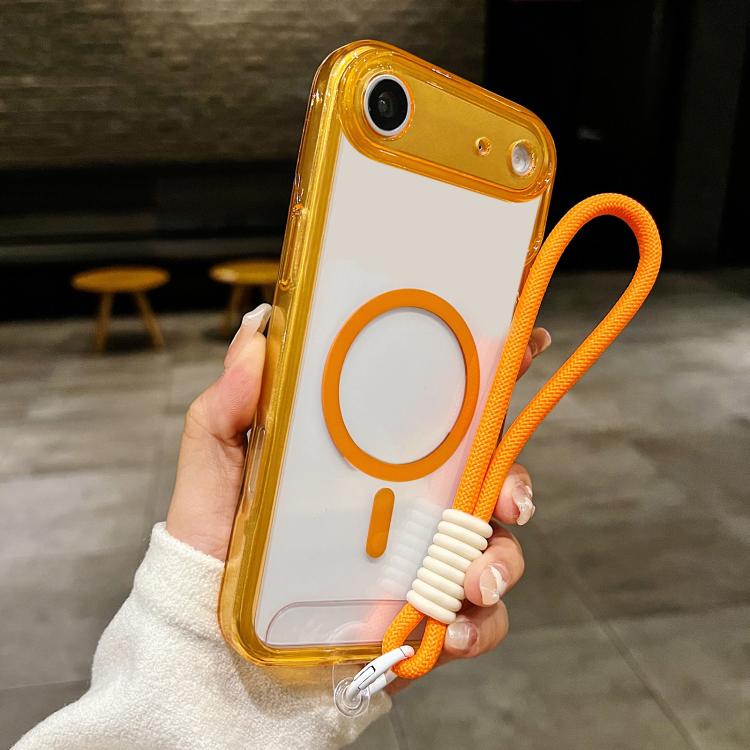For iPhone Air Precise Hole Shockproof Magnetic TPU Hybrid Acrylic Transparent Phone Case With Lanyard(Orange)