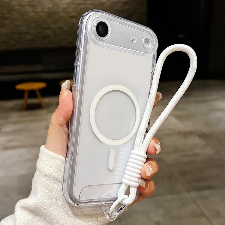 For iPhone Air Precise Hole Shockproof Magnetic TPU Hybrid Acrylic Transparent Phone Case With Lanyard(White)