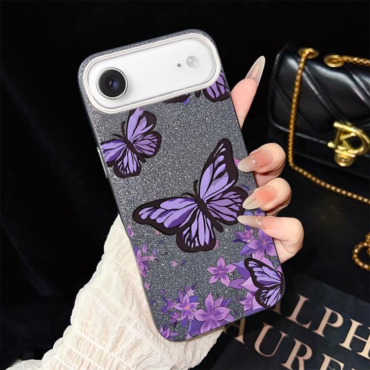 For iPhone Air Purple Butterflies Pattern IMD Glitter PC Hybrid TPU Phone Case(Black)