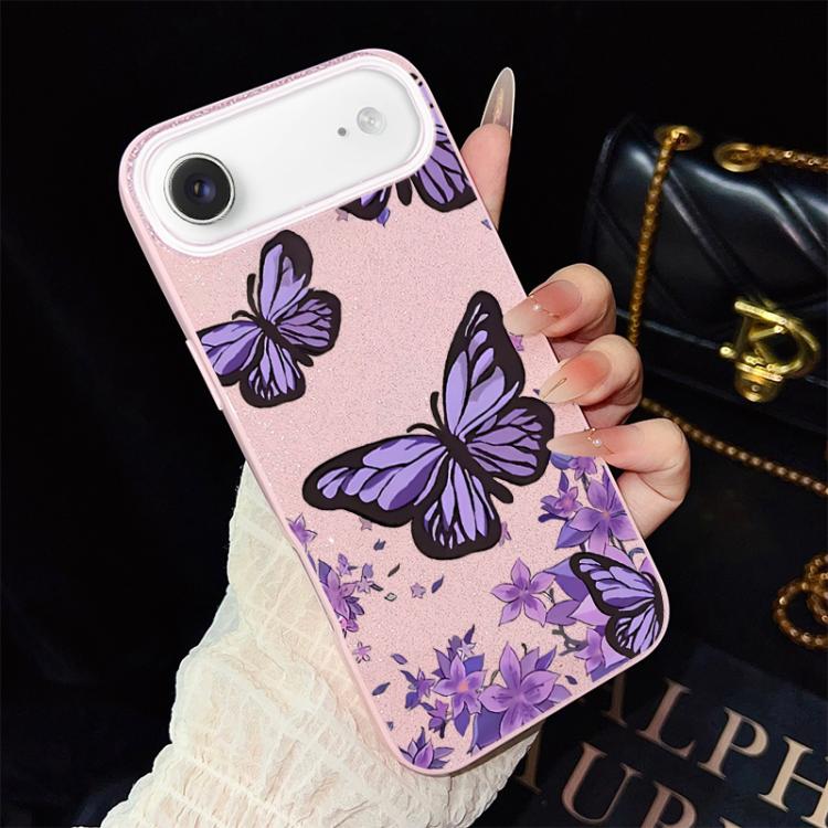 For iPhone Air Purple Butterflies Pattern IMD Glitter PC Hybrid TPU Phone Case(Pink)