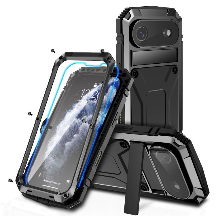 For iPhone Air R-JUST Metal + Silicone + Tempered Glass Life Waterproof Phone Case with Holder(Black)
