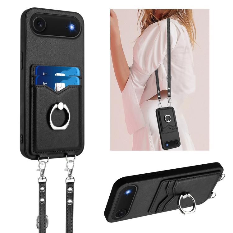 For iPhone Air R20 Crossbody Rope Ring Card Holder Phone Case(Black)