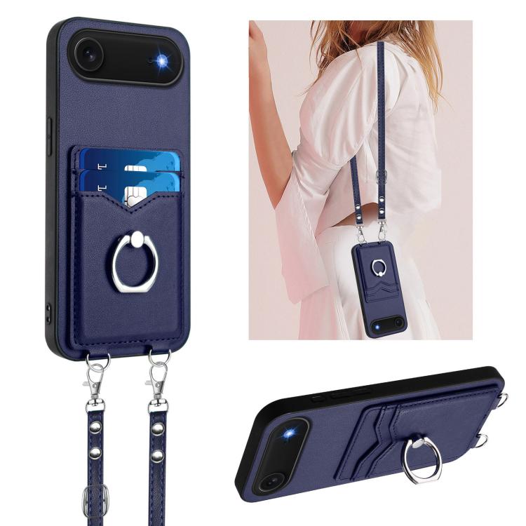 For iPhone Air R20 Crossbody Rope Ring Card Holder Phone Case(Blue)