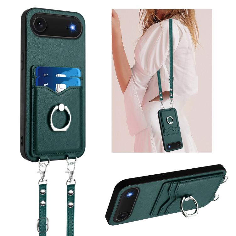For iPhone Air R20 Crossbody Rope Ring Card Holder Phone Case(Green)