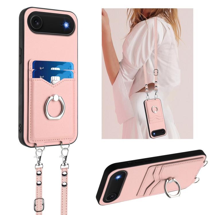 For iPhone Air R20 Crossbody Rope Ring Card Holder Phone Case(Pink)