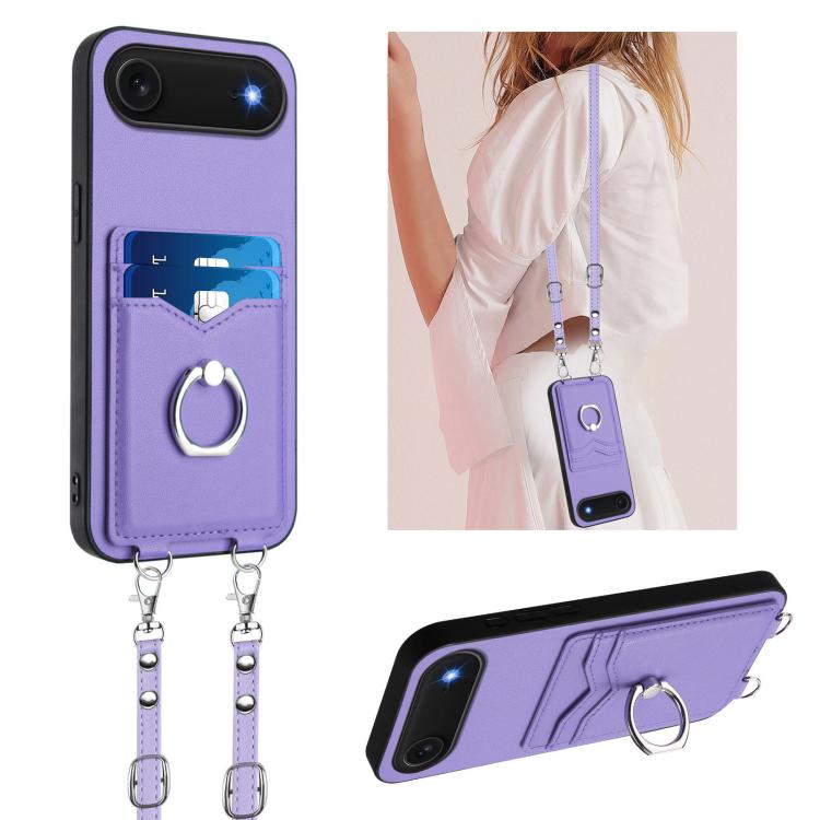 For iPhone Air R20 Crossbody Rope Ring Card Holder Phone Case(Purple)