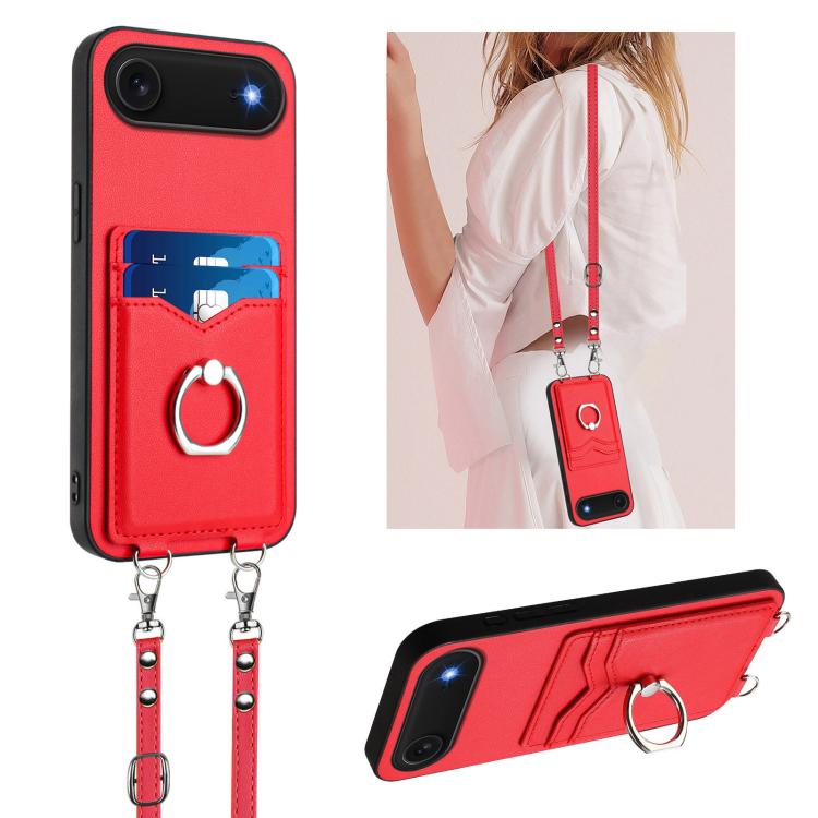 For iPhone Air R20 Crossbody Rope Ring Card Holder Phone Case(Red)