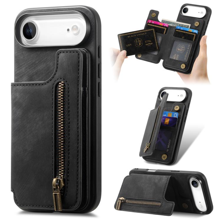 For iPhone Air Retro Leather Zipper Wallet Back Phone Case(Black)