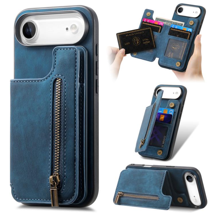 For iPhone Air Retro Leather Zipper Wallet Back Phone Case(Blue)