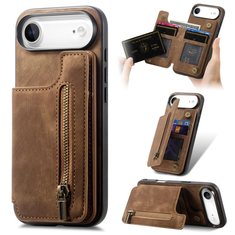 For iPhone Air Retro Leather Zipper Wallet Back Phone Case(Brown)