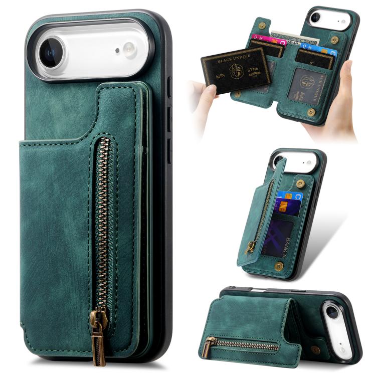 For iPhone Air Retro Leather Zipper Wallet Back Phone Case(Green)