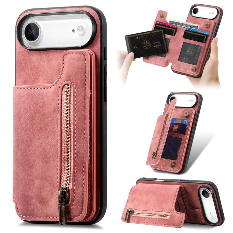 For iPhone Air Retro Leather Zipper Wallet Back Phone Case(Pink)