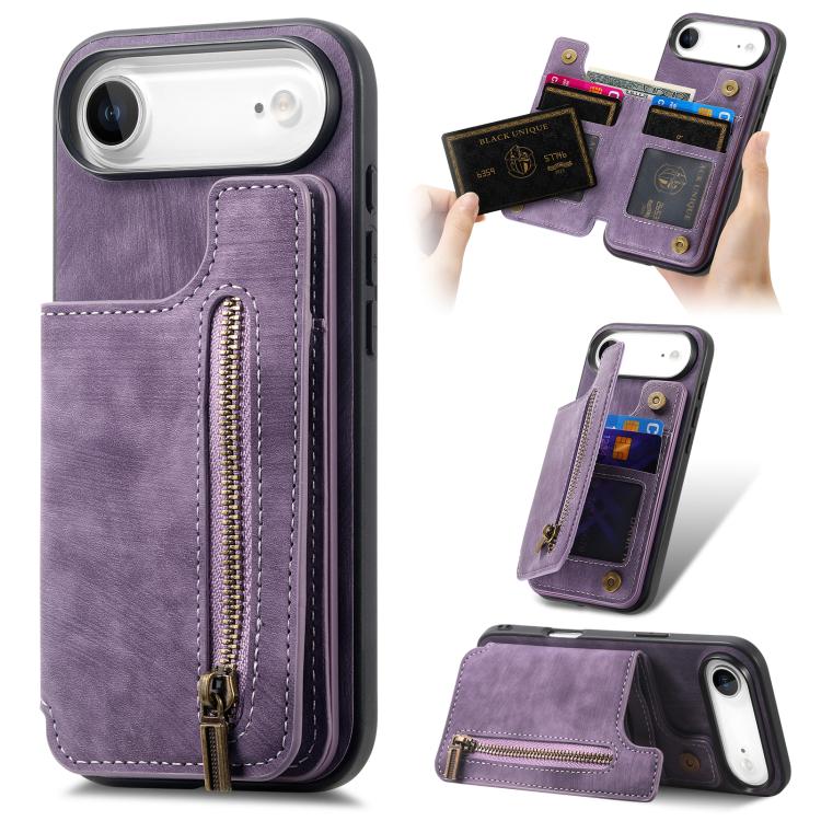 For iPhone Air Retro Leather Zipper Wallet Back Phone Case(Purple)