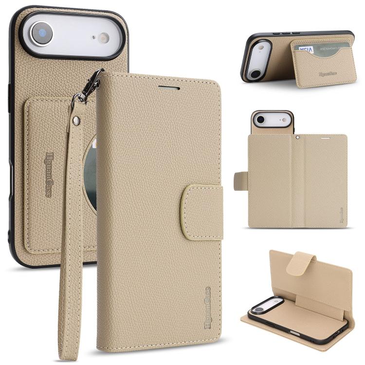 For iPhone Air Retro Litchi Texture Vegan Leather Magnetic Wallet Phone Case with Wrist Strap(Apricot Yellow)