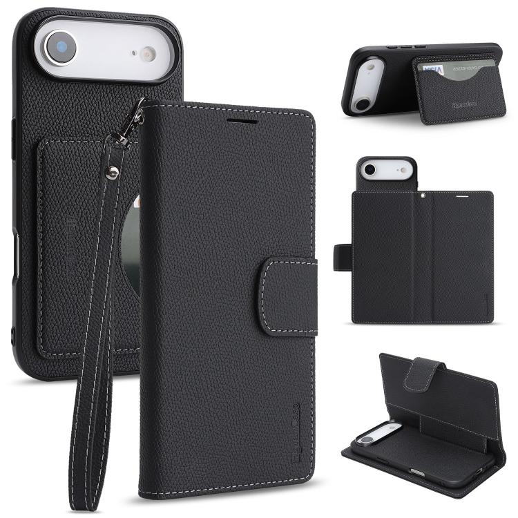 For iPhone Air Retro Litchi Texture Vegan Leather Magnetic Wallet Phone Case with Wrist Strap(Black)