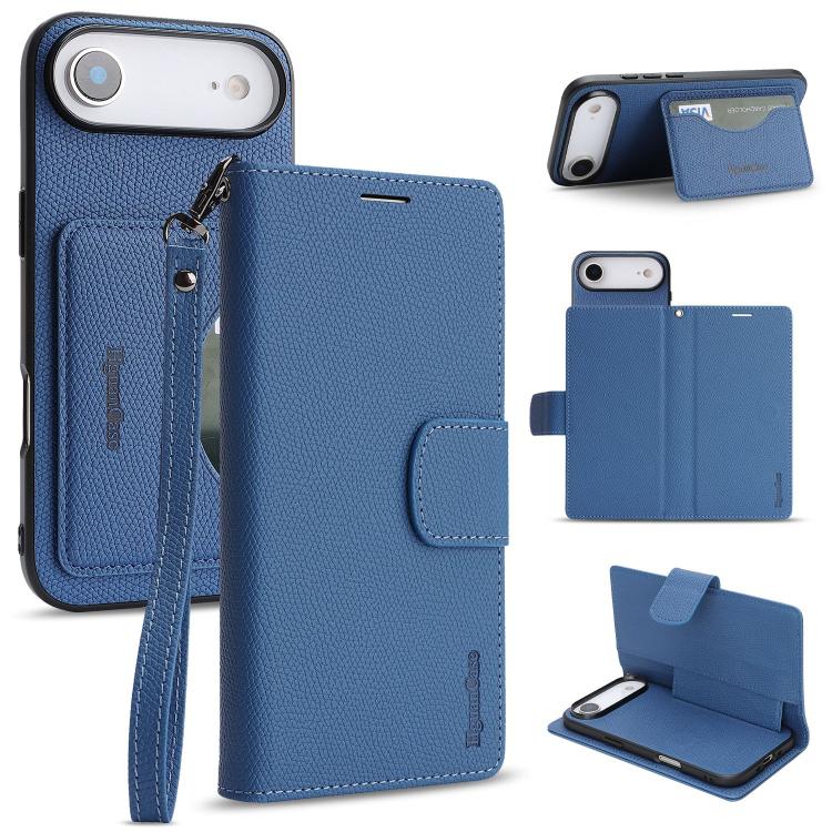 For iPhone Air Retro Litchi Texture Vegan Leather Magnetic Wallet Phone Case with Wrist Strap(Blue)