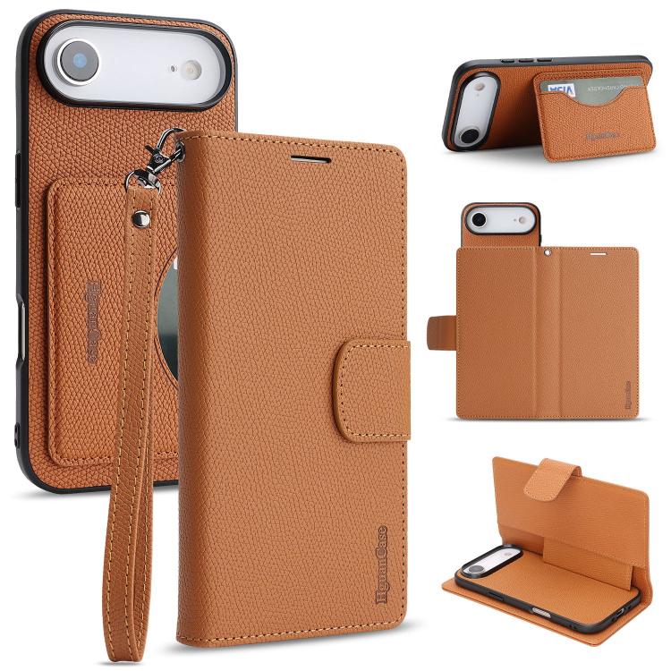 For iPhone Air Retro Litchi Texture Vegan Leather Magnetic Wallet Phone Case with Wrist Strap(Brown)